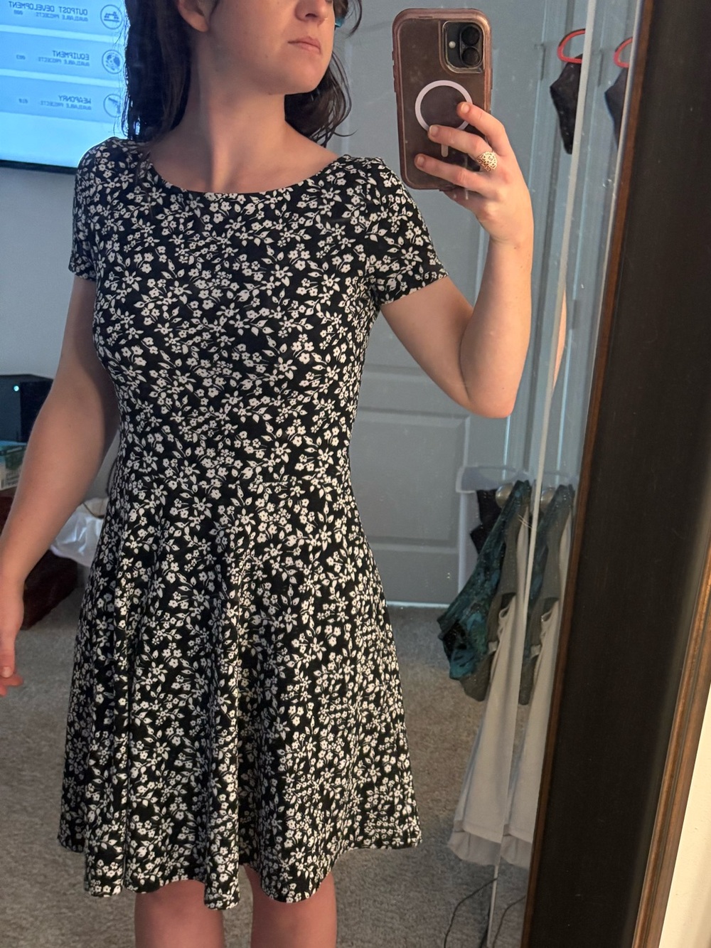 White House Black Market Black & White Floral Fit-and-Flare Midi Dress